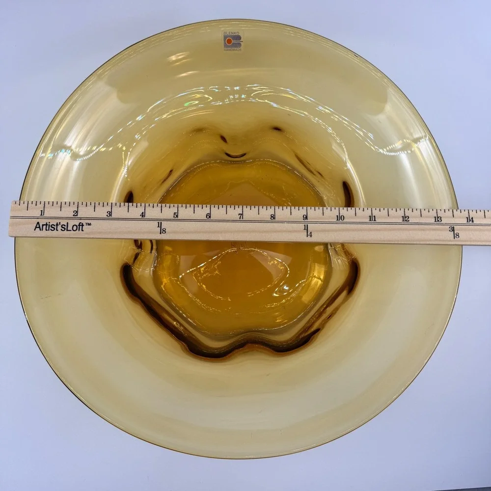 Blenko 8512 Amber Hand Blown Art Glass Pedestal Centerpiece Bowl